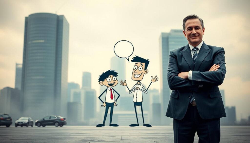 A surreal composition depicting the concept of "Sonderformen von Ironie." In the foreground, a business professional in a suit stands with a smirk, arms crossed, exuding a playful yet sarcastic demeanor. The middle ground features two whimsical cartoonish figures, one with exaggerated expressions of confusion and the other with an exaggerated grin, engaging in a light-hearted debate. In the background, an abstract cityscape representing modern society, shrouded in soft, diffused lighting to create a dreamy atmosphere. The scene is captured with a Sony A7R IV at 70mm, ensuring clear focus and sharp definition, enhanced by a polarized filter for vibrant colors. The overall mood is playful and thought-provoking, inviting viewers to contemplate the nuances of irony. A surreal composition depicting the concept of "Sonderformen von Ironie." In the foreground, a business professional in a suit stands with a smirk, arms crossed, exuding a playful yet sarcastic demeanor. The middle ground features two whimsical cartoonish figures, one with exaggerated expressions of confusion and the other with an exaggerated grin, engaging in a light-hearted debate. In the background, an abstract cityscape representing modern society, shrouded in soft, diffused lighting to create a dreamy atmosphere. The scene is captured with a Sony A7R IV at 70mm, ensuring clear focus and sharp definition, enhanced by a polarized filter for vibrant colors. The overall mood is playful and thought-provoking, inviting viewers to contemplate the nuances of irony.