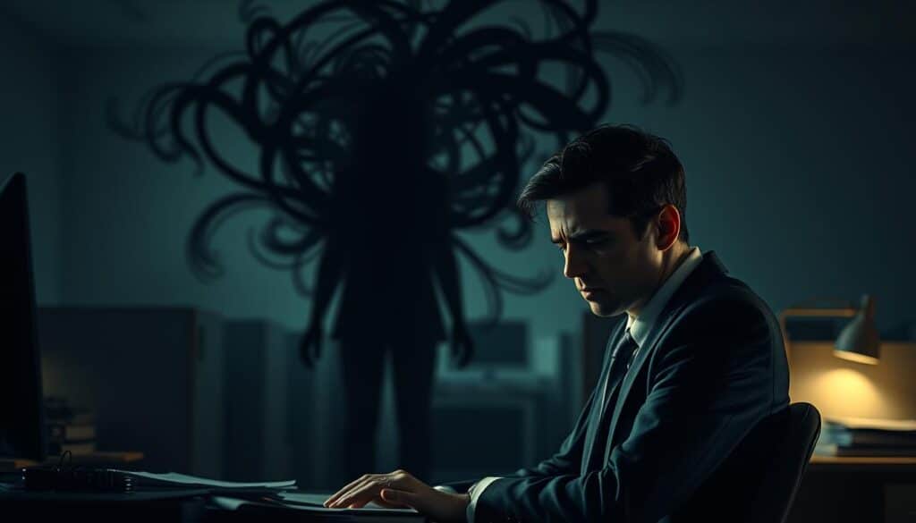 A surreal digital artwork depicting the psychological effects of job dissatisfaction. In the foreground, a professional individual in business attire appears overwhelmed, seated at a cluttered desk, with a tired and frustrated expression. Their workspace is dimly lit, casting a dramatic shadow that enhances the feeling of despair. In the middle ground, a shadowy figure looms, representing anxiety and stress, merging with dark swirling colors that suggest chaos and unease. The background features a gloomy office environment with blurred outlines of cubicles, suggesting isolation. The overall atmosphere is heavy and somber, evoking an emotional response to the theme of dissatisfaction. Shot on a Sony A7R IV at 70mm, providing a sharp and clear focus with a polarized filter to deepen the mood.