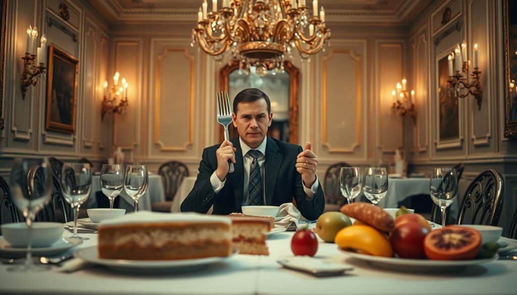 A surreal scene capturing the essence of irony, featuring a formal dining table set in an elegant room adorned with fine china and sparkling crystal. In the foreground, a well-dressed individual, wearing a sharp suit, sits at the table, mirroring a serious expression while paradoxically holding a humorous, oversized fork. In the middle ground, an array of absurdly oversized food items—like a giant slice of cake and comically large fruits—contrasts with the refined setting. The background reveals an opulent chandelier casting warm, inviting light, creating a whimsical yet sophisticated atmosphere. Shot on a Sony A7R IV with a 70mm lens, ensuring clear focus and sharp definition, enhanced by a polarized filter to enrich colors and textures, embodying the complex nature of irony in a visually engaging manner. A surreal scene capturing the essence of irony, featuring a formal dining table set in an elegant room adorned with fine china and sparkling crystal. In the foreground, a well-dressed individual, wearing a sharp suit, sits at the table, mirroring a serious expression while paradoxically holding a humorous, oversized fork. In the middle ground, an array of absurdly oversized food items—like a giant slice of cake and comically large fruits—contrasts with the refined setting. The background reveals an opulent chandelier casting warm, inviting light, creating a whimsical yet sophisticated atmosphere. Shot on a Sony A7R IV with a 70mm lens, ensuring clear focus and sharp definition, enhanced by a polarized filter to enrich colors and textures, embodying the complex nature of irony in a visually engaging manner.