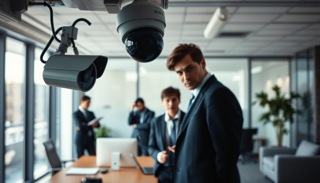 A surveillance scene in a modern office environment showcasing the theme of "covert monitoring." In the foreground, a discreet camera mounted on the ceiling subtly captures the employees below. In the middle ground, a group of colleagues in professional business attire engage in work, with one individual glancing suspiciously at the camera, embodying the tension of being watched. The background features sleek office furnishings, with large windows letting in soft, natural light that contrasts with the underlying mood of unease. Shot on Sony A7R IV with a 70mm lens, sharply focused and clearly defined. The overall atmosphere conveys a sense of anxiety and awareness, emphasizing the implications of hidden surveillance in the workplace.