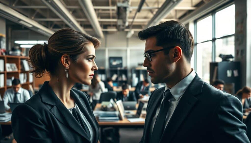 A tense office environment illustrating "competition among colleagues." In the foreground, two professionals, a woman and a man, are engaged in a subtle but intense stare-down, dressed in sharp business attire, their expressions reflecting ambition and rivalry. In the middle, a cluttered office space with desks, papers, and laptops suggests a bustling corporate atmosphere. In the background, colleagues are seen working, some glancing towards the two competitors, adding to the tension. The lighting is a mix of natural light streaming through large windows and artificial overhead lights, creating stark contrasts and highlighting the seriousness of the scene. Shot with a Sony A7R IV at 70mm, the image is sharply defined with a polarized filter, enhancing clarity and focus on the central figures, conveying a mood of rivalry and professional tension. A tense office environment illustrating "competition among colleagues." In the foreground, two professionals, a woman and a man, are engaged in a subtle but intense stare-down, dressed in sharp business attire, their expressions reflecting ambition and rivalry. In the middle, a cluttered office space with desks, papers, and laptops suggests a bustling corporate atmosphere. In the background, colleagues are seen working, some glancing towards the two competitors, adding to the tension. The lighting is a mix of natural light streaming through large windows and artificial overhead lights, creating stark contrasts and highlighting the seriousness of the scene. Shot with a Sony A7R IV at 70mm, the image is sharply defined with a polarized filter, enhancing clarity and focus on the central figures, conveying a mood of rivalry and professional tension.