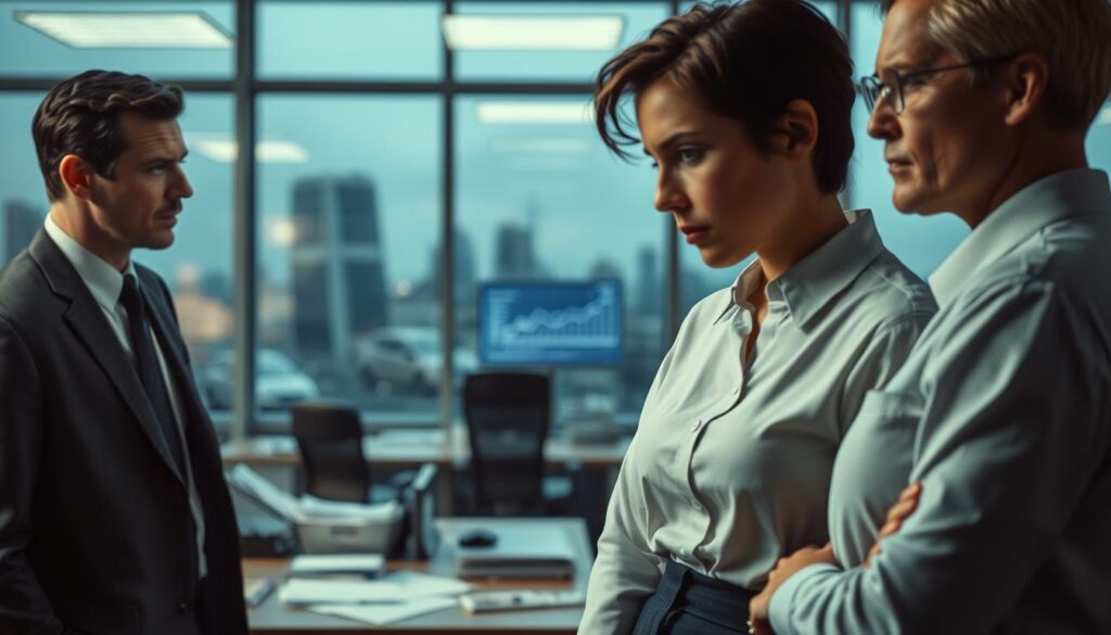 A tense office environment with two colleagues engaged in a subtle confrontation while being monitored by hidden surveillance cameras. In the foreground, a man in a tailored suit speaks to a woman in a smart blouse and trousers, both displaying expressions of concern and contemplation. The middle layer showcases a slightly blurred view of office desks scattered with paperwork and a computer screen displaying analytics, hinting at workplace monitoring. The background features glass windows with a city skyline, subdued evening light casting a cool blue hue over the scene. Shot on a Sony A7R IV 70mm, with a polarized filter creating sharp focus on the subjects and a soft bokeh effect on the background, conveying a serious yet contemplative atmosphere around workplace surveillance.