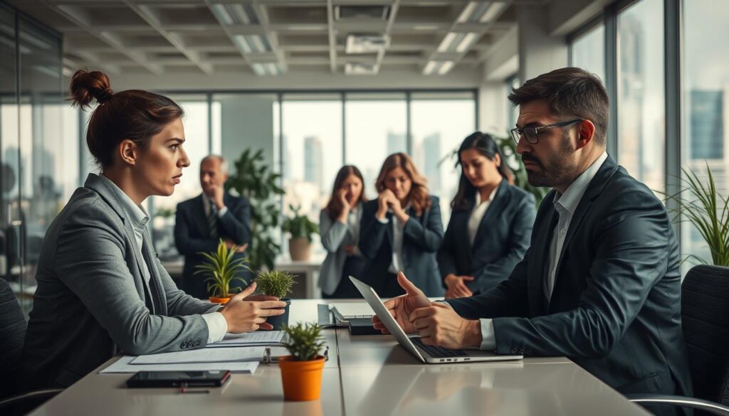 A tense office scene depicting interactions with difficult colleagues. In the foreground, two professionals in business attire, one exhibiting frustration and the other appearing indifferent, are engaged in a heated discussion at a modern desk. The middle ground features additional co-workers observing with concerned expressions, some whispering among themselves. The background includes a contemporary office setting with glass partitions, potted plants, and a cityscape view through the window, suggesting a busy work environment. The lighting is bright yet diffused, creating a serious but not overly dramatic atmosphere. Shot on a Sony A7R IV at 70mm, the image is clearly focused and sharply defined, utilizing a polarized filter to enhance color saturation.