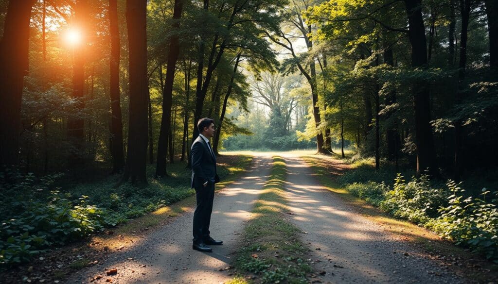 A thought-provoking scene depicting a moral dilemma, featuring two paths diverging in a lush forest. In the foreground, a person in professional business attire stands at the crossroads, looking contemplative. One path leads to a serene, sunlit clearing symbolizing the greater good, while the other path veers into a shadowy, ominous area representing self-interest. The middle ground is enriched with detailed foliage, creating a vibrant atmosphere filled with contrasting light and shadow. Soft, warm sunlight filters through the trees, casting dappled patterns on the ground, enhancing the mood of introspection and conflict. Shot with a Sony A7R IV at 70mm, with a clearly focused and sharply defined image enhanced by a polarized filter for vivid colors.