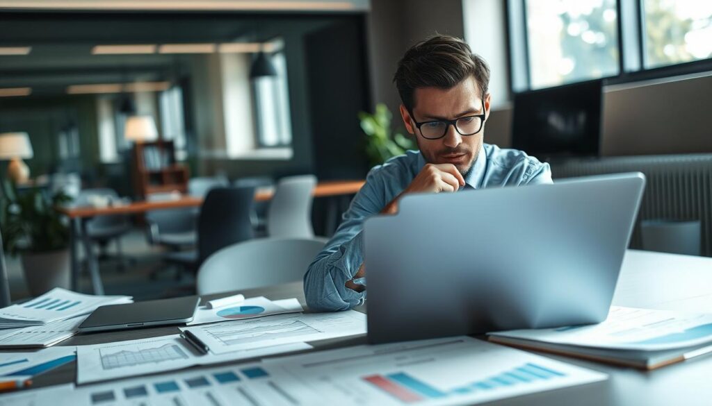 A thoughtful business professional sits at a modern desk filled with documents, a laptop, and analytical charts, embodying the essence of "analysis in critical thinking." The foreground highlights the individual, dressed in smart casual attire, deeply focused on the data. In the middle, detailed graphs and notes represent a structured analysis process, showcasing various strategies for critical thinking improvements. The background is a sleek office environment with subtle hints of greenery, suggesting a calm yet productive atmosphere. The scene is illuminated by natural light streaming through a large window, creating a warm and inviting mood. The image is shot on a Sony A7R IV with a 70mm lens, employing a polarized filter for clarity and sharp definition, capturing the essence of analytical thinking.