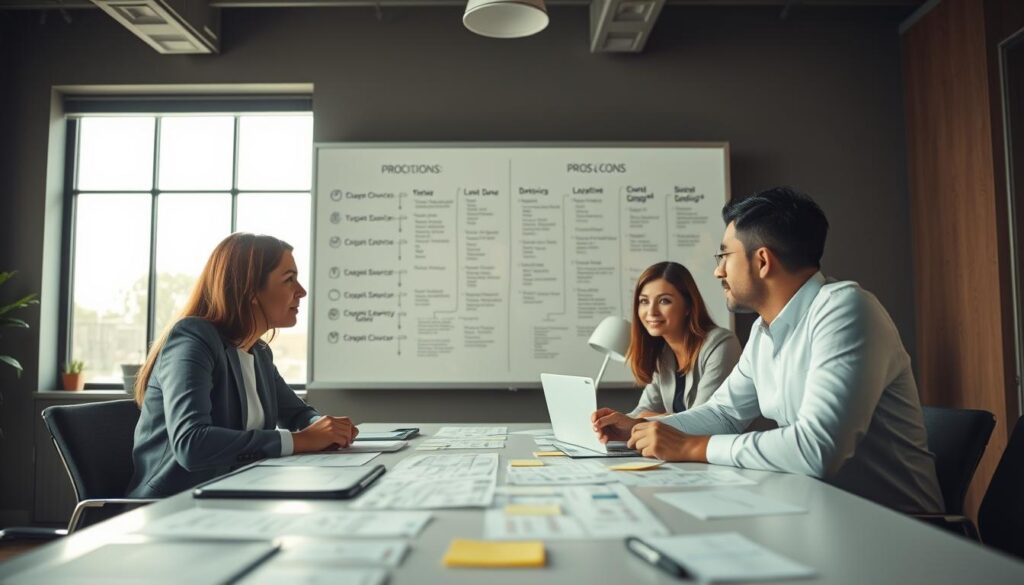 A thoughtful scene representing "decision-making" set in a modern office environment. In the foreground, a diverse group of three professionals, dressed in business attire, engage in a brainstorming session around a large conference table filled with charts and sticky notes. The middle layer features a large whiteboard filled with flowcharts and lists outlining pros and cons, symbolizing the process of evaluating choices. In the background, a bright window allows natural light to pour in, creating a warm and inviting atmosphere. The lighting is soft yet focused, accentuating the expressions of concentration and collaboration among the team. The mood is introspective and proactive, emphasizing the importance of teamwork in decision-making. Captured with a Sony A7R IV 70mm lens, ensuring detailed clarity and definition, enhanced by a polarized filter. A thoughtful scene representing "decision-making" set in a modern office environment. In the foreground, a diverse group of three professionals, dressed in business attire, engage in a brainstorming session around a large conference table filled with charts and sticky notes. The middle layer features a large whiteboard filled with flowcharts and lists outlining pros and cons, symbolizing the process of evaluating choices. In the background, a bright window allows natural light to pour in, creating a warm and inviting atmosphere. The lighting is soft yet focused, accentuating the expressions of concentration and collaboration among the team. The mood is introspective and proactive, emphasizing the importance of teamwork in decision-making. Captured with a Sony A7R IV 70mm lens, ensuring detailed clarity and definition, enhanced by a polarized filter.