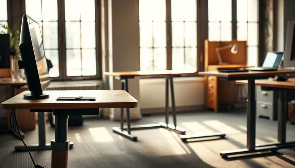 A variety of height-adjustable desks in an office setting, showcasing different styles and functionalities. In the foreground, a modern electric sit-stand desk with a sleek wooden finish and an integrated control panel, with a side view showing its height adjustment feature. In the middle, a manually adjustable crank desk, featuring a classic metal frame and a warm oak surface. In the background, a corner display highlights a compact space-saving desk with a minimalist design. Soft, natural daylight streams through large windows, creating a bright, inviting atmosphere. The image is shot with a Sony A7R IV at 70mm, capturing details sharply and clearly, with a polarized filter enhancing colors and contrasts. The scene conveys a professional yet relaxed work environment, ideal for ergonomic desk usage.