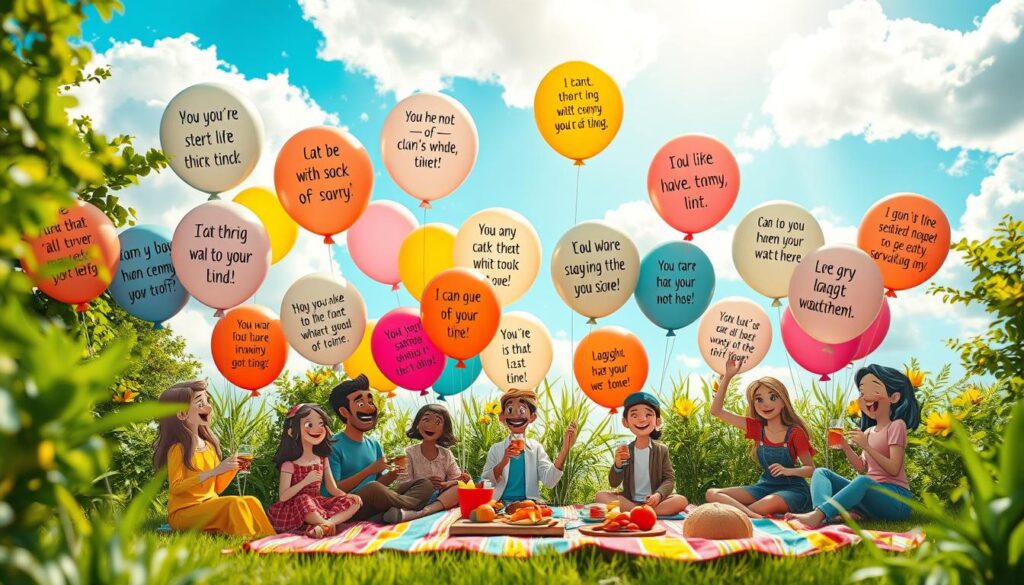 A vibrant and cheerful scene depicting a collection of whimsical and humorous life quotes floating among colorful balloons, surrounded by lush greenery. In the foreground, a variety of lively, cartoon-style characters in modest casual clothing, expressing joy and laughter, holding drinks, and enjoying the atmosphere. The middle ground features a picnic setup with colorful blankets and delicious treats, enhancing the playful vibe. The background showcases a bright blue sky filled with fluffy white clouds, radiating a warm and inviting sunlight, creating a joyful ambiance. Capture the essence of connection and happiness, shot on a Sony A7R IV at 70mm with a sharply defined focus and a polarized filter to enhance colors and details. A vibrant and cheerful scene depicting a collection of whimsical and humorous life quotes floating among colorful balloons, surrounded by lush greenery. In the foreground, a variety of lively, cartoon-style characters in modest casual clothing, expressing joy and laughter, holding drinks, and enjoying the atmosphere. The middle ground features a picnic setup with colorful blankets and delicious treats, enhancing the playful vibe. The background showcases a bright blue sky filled with fluffy white clouds, radiating a warm and inviting sunlight, creating a joyful ambiance. Capture the essence of connection and happiness, shot on a Sony A7R IV at 70mm with a sharply defined focus and a polarized filter to enhance colors and details.