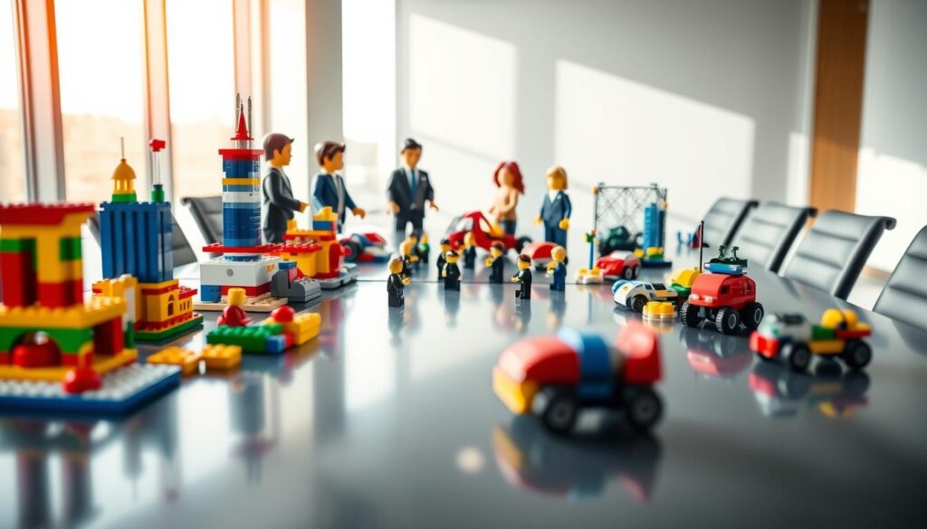A vibrant and dynamic image showcasing various Lego models intricately arranged on a sleek, modern conference table, symbolizing creative methodology in management and innovation. In the foreground, focus on colorful Lego structures like towers and vehicles, highlighting teamwork and brainstorming. The middle ground features abstract Lego figures representing diverse business professionals in smart attire, engaged in a thoughtful discussion over the models. The background fades into a minimalist office space with light streaming in through large windows, casting subtle shadows. Shot on a Sony A7R IV at 70mm, the image is clearly focused and sharply defined with a polarized filter, creating an inspiring and collaborative atmosphere that embodies the spirit of the Lego Serious Play method.