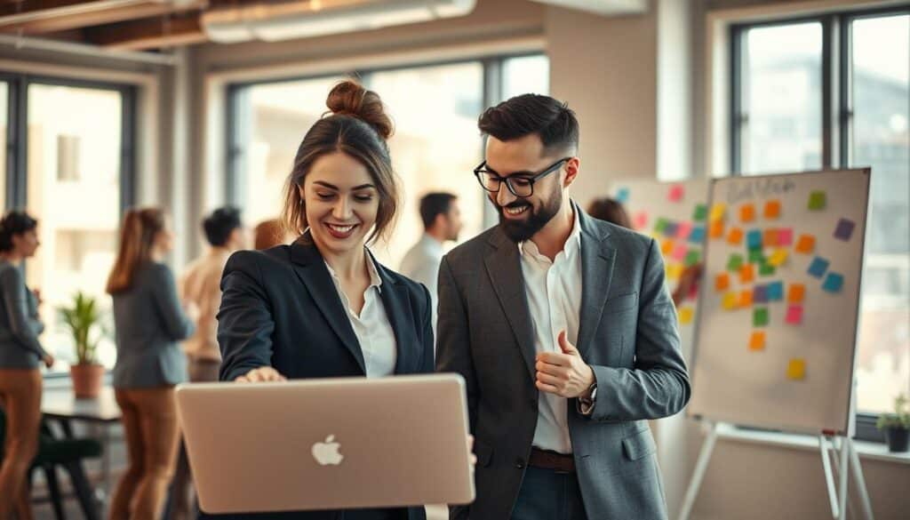 A vibrant and dynamic office setting with a diverse group of professionals collaborating effectively. In the foreground, two individuals, a woman in a smart business suit and a man in a neatly pressed blazer, engage in a productive discussion over a laptop, their expressions showing enthusiasm and collaboration. In the middle ground, team members are brainstorming ideas on a whiteboard, surrounded by colorful post-it notes, symbolizing creativity and teamwork. The background features large windows with natural light flooding the room, enhancing the atmosphere of positivity and motivation. Shot with a Sony A7R IV at 70mm, clearly focused with sharp definitions and a polarized filter, capturing the essence of teamwork and inspiration. The overall mood is one of professionalism, energy, and innovation.