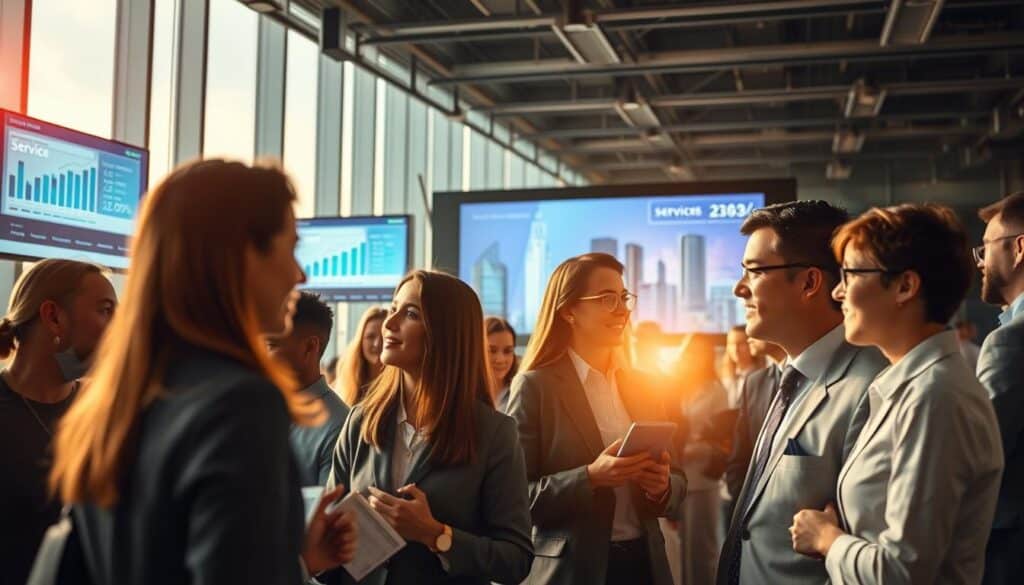 A vibrant and dynamic scene showcasing the development of the service sector. In the foreground, a diverse group of professionals in business attire, engaged in discussions and collaboration, symbolizing teamwork and innovation. In the middle ground, a modern office environment with digital screens displaying service statistics and infographics, highlighting growth trends. The background features a city skyline, representing economic progress and development, with skyscrapers that reflect a bright, optimistic sky. The atmosphere is professional and energetic, with soft ambient lighting accentuating the busy yet cohesive work environment. Captured with a Sony A7R IV at 70mm, using a polarized filter for sharp clarity and defined details, showcasing a contemporary and forward-looking perspective on the service industry. A vibrant and dynamic scene showcasing the development of the service sector. In the foreground, a diverse group of professionals in business attire, engaged in discussions and collaboration, symbolizing teamwork and innovation. In the middle ground, a modern office environment with digital screens displaying service statistics and infographics, highlighting growth trends. The background features a city skyline, representing economic progress and development, with skyscrapers that reflect a bright, optimistic sky. The atmosphere is professional and energetic, with soft ambient lighting accentuating the busy yet cohesive work environment. Captured with a Sony A7R IV at 70mm, using a polarized filter for sharp clarity and defined details, showcasing a contemporary and forward-looking perspective on the service industry.