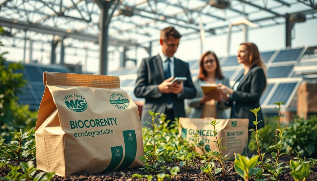 A vibrant and engaging scene illustrating sustainability in the packaging industry. In the foreground, an eco-friendly packaging design featuring biodegradable materials, surrounded by greenery and small plants that symbolize growth. In the middle ground, professional individuals in business attire collaborating over sustainable packaging prototypes, engaged in a thoughtful discussion. The background showcases a modern eco-friendly factory with solar panels and wind turbines, emphasizing renewable energy. The lighting is bright and natural, creating a warm and inviting atmosphere. Captured with a Sony A7R IV at 70mm, the image is sharply focused and defined, enhanced with a polarized filter to enrich colors and contrast, evoking a sense of responsibility and innovation in sustainability.