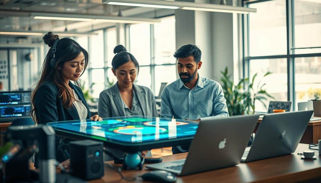A vibrant and imaginative workspace showcasing the creative possibilities in technology. In the foreground, a diverse group of professionals, including a woman of Asian descent and a man of African descent, collaborate over a holographic interface displaying colorful data visualizations. Midground elements include innovative tech gadgets like 3D printers and coding screens, with a sleek laptop featuring glowing code. The background features a modern office environment with large windows letting in natural light, casting dynamic shadows. The atmosphere is bright and inspiring, infused with a sense of innovation and teamwork. The image is shot on a Sony A7R IV at 70mm, with a clearly focused, sharply defined subject, and enhanced with a polarized filter to bring out vibrant colors and details. A vibrant and imaginative workspace showcasing the creative possibilities in technology. In the foreground, a diverse group of professionals, including a woman of Asian descent and a man of African descent, collaborate over a holographic interface displaying colorful data visualizations. Midground elements include innovative tech gadgets like 3D printers and coding screens, with a sleek laptop featuring glowing code. The background features a modern office environment with large windows letting in natural light, casting dynamic shadows. The atmosphere is bright and inspiring, infused with a sense of innovation and teamwork. The image is shot on a Sony A7R IV at 70mm, with a clearly focused, sharply defined subject, and enhanced with a polarized filter to bring out vibrant colors and details.