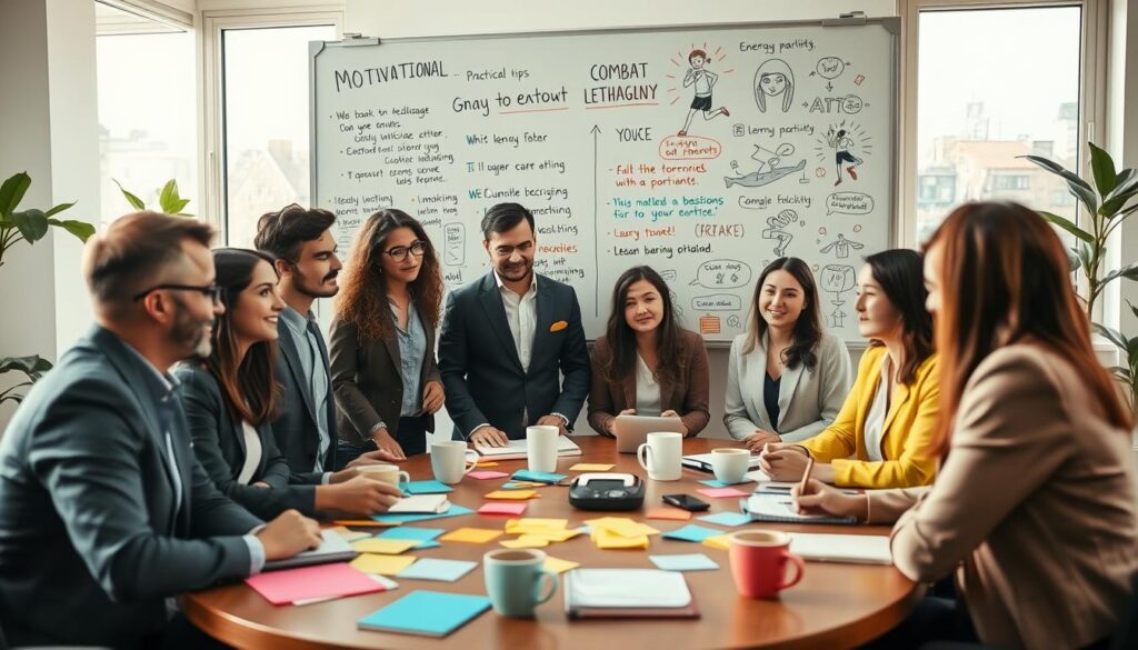 A vibrant and inviting workspace filled with a sense of rejuvenation and motivation. In the foreground, a diverse group of professionals, dressed in smart casual attire, are engaged in a lively brainstorming session around a table scattered with colorful sticky notes, notebooks, and coffee cups. In the middle ground, a large whiteboard is filled with motivational quotes and practical tips to combat lethargy, illustrated with doodles of energetic activities like jogging, yoga, and brainstorming. The background features large windows allowing natural sunlight to flood the room, enhancing the warm and uplifting atmosphere. The image is shot with a Sony A7R IV at 70mm, using a polarized filter for clarity and sharp focus, capturing the vibrant colors and lively expressions of the individuals, conveying a sense of proactive engagement against monotony.