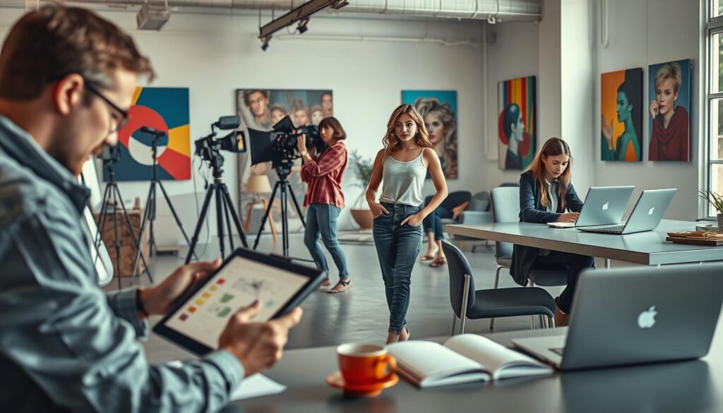 A vibrant and modern workspace showcasing various creative professions, depicting individuals engaged in their crafts. In the foreground, a graphic designer works intently on a digital tablet, wearing professional attire, surrounded by sketches and color palettes. In the middle ground, a photographer adjusts lighting equipment while a model poses with casual elegance. A writer is seated at a sleek desk, typing on a laptop, with notebooks and a coffee cup nearby. The background features an open studio with colorful artwork on the walls and large windows letting in soft, natural light. Captured with a Sony A7R IV at 70mm, ensuring a sharply defined focus, the scene conveys an inspiring and collaborative atmosphere for thriving careers in the creative sector. A vibrant and modern workspace showcasing various creative professions, depicting individuals engaged in their crafts. In the foreground, a graphic designer works intently on a digital tablet, wearing professional attire, surrounded by sketches and color palettes. In the middle ground, a photographer adjusts lighting equipment while a model poses with casual elegance. A writer is seated at a sleek desk, typing on a laptop, with notebooks and a coffee cup nearby. The background features an open studio with colorful artwork on the walls and large windows letting in soft, natural light. Captured with a Sony A7R IV at 70mm, ensuring a sharply defined focus, the scene conveys an inspiring and collaborative atmosphere for thriving careers in the creative sector.