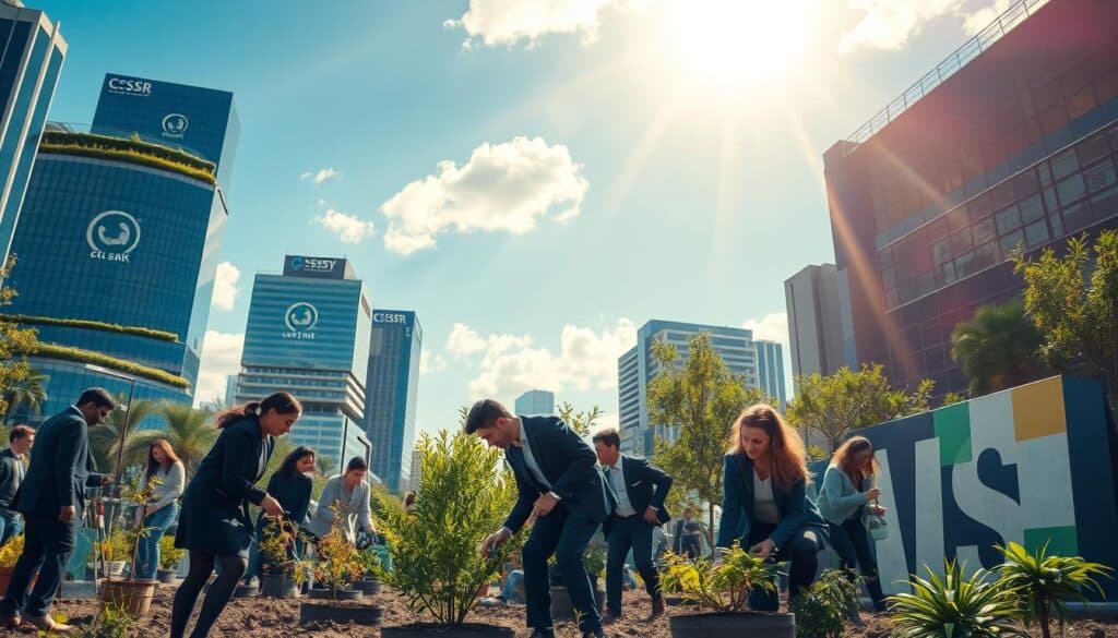 A vibrant cityscape depicting the positive societal impacts of Corporate Social Responsibility (CSR). In the foreground, diverse individuals in professional business attire engage in community service activities, planting trees and painting murals that enhance the urban environment. The middle ground features modern corporate buildings adorned with greenery and sustainability logos, symbolizing companies committed to their social responsibilities. In the background, a clear blue sky reflects a hopeful future, with sunlight streaming through clouds, creating a warm and inviting atmosphere. The scene is captured with a Sony A7R IV at 70mm, featuring sharp focus and clarity, aided by a polarized filter to enhance colors and contrast. The overall mood is uplifting and inspiring, showcasing a harmonious relationship between businesses and the community.