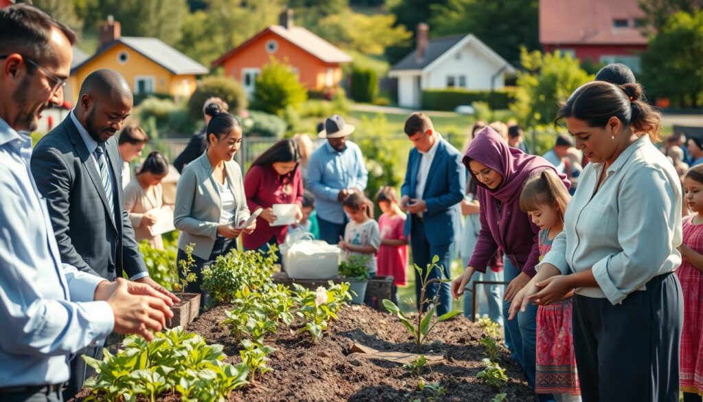 A vibrant community scene depicting various individuals engaged in diverse Hilfsprojekte. In the foreground, a multicultural group of men and women, dressed in professional business attire and modest casual clothing, work together to build a community garden, planting seeds and nurturing flowers. In the middle ground, volunteers are organizing donations, while others assist children in arts and crafts activities. The background features a cheerful neighborhood with colorful houses and greenery, bathed in warm, natural sunlight to create an inviting atmosphere. The shot is taken with a Sony A7R IV at 70mm, clearly focused and sharply defined, utilizing a polarized filter to enhance colors and contrast, conveying a sense of unity and collaboration.