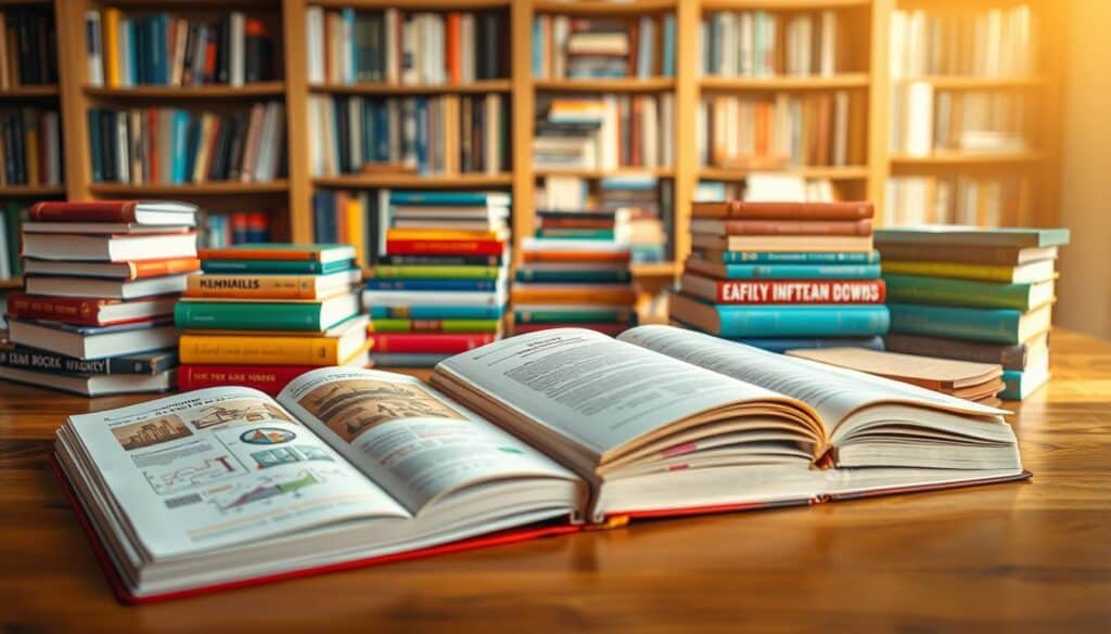 A vibrant composition of various book formats and colorful books arranged on a polished wooden table, emphasizing the diversity in sizes, shapes, and colors. In the foreground, there are open books showcasing bright illustrations and complex diagrams, symbolizing information technology. The middle ground features neatly stacked books with distinctive covers, showcasing a rainbow of colors that draw the eye. In the background, a softly blurred bookshelf filled with more books suggests depth. The lighting is warm and inviting, mimicking late afternoon sunlight, casting gentle shadows. Shot with a Sony A7R IV at 70mm, the image is clearly focused and sharply defined, enhanced with a polarized filter to enrich the colors and details, creating an engaging and professional atmosphere.