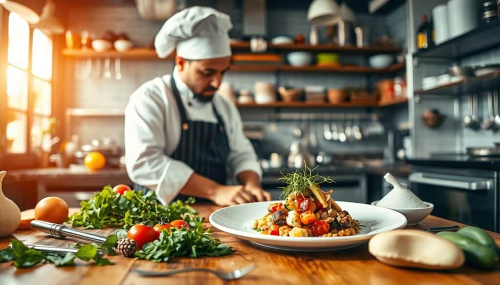 A vibrant culinary workspace with a professional chef passionately creating a stunning dish. In the foreground, a wooden table showcases colorful, fresh ingredients like herbs, spices, and vegetables, meticulously arranged beside gleaming kitchen tools. The chef, dressed in a crisp white chef's coat and a black apron, focuses intently on plating a beautifully garnished plate, elegantly presented with artistic flair. In the middle ground, a well-equipped kitchen with stainless steel appliances and organized shelves displays a variety of culinary tools. The background features warm, ambient lighting that highlights the textures of the food and kitchen elements, evoking a lively, creative atmosphere. Shot on a Sony A7R IV at 70mm, with clear focus and sharp definition, using a polarized filter to enhance color saturation and contrast. A vibrant culinary workspace with a professional chef passionately creating a stunning dish. In the foreground, a wooden table showcases colorful, fresh ingredients like herbs, spices, and vegetables, meticulously arranged beside gleaming kitchen tools. The chef, dressed in a crisp white chef's coat and a black apron, focuses intently on plating a beautifully garnished plate, elegantly presented with artistic flair. In the middle ground, a well-equipped kitchen with stainless steel appliances and organized shelves displays a variety of culinary tools. The background features warm, ambient lighting that highlights the textures of the food and kitchen elements, evoking a lively, creative atmosphere. Shot on a Sony A7R IV at 70mm, with clear focus and sharp definition, using a polarized filter to enhance color saturation and contrast.