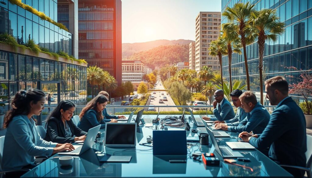 A vibrant depiction of the unique ecosystem of Silicon Valley, showcasing a bustling tech hub. In the foreground, diverse professionals in business attire collaborate over a sleek conference table filled with laptops and digital devices. The middle ground features modern office buildings with large glass facades, adorned with greenery and tech-inspired art installations. In the background, the iconic Silicon Valley hills under a clear blue sky. The lighting is bright and uplifting, casting soft shadows, with a focus on a sharp, detailed composition shot on a Sony A7R IV with a 70mm lens and polarized filter, enhancing colors and contrasts. The atmosphere conveys innovation, collaboration, and growth, embodying the spirit of Silicon Valley.
