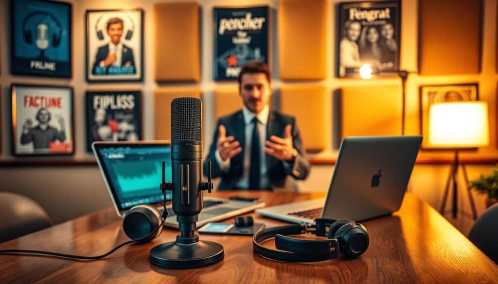 A vibrant digital marketing workspace featuring a modern podcast setup. In the foreground, a sleek microphone stands prominently on a polished wooden table, surrounded by headphones and a laptop displaying audio editing software. In the middle, a professional individual in business attire is engaged in discussion, gesturing animatedly as they talk into the mic. The background showcases a wall adorned with framed podcast cover art, while soundproof panels enhance the ambiance. Warm, inviting lighting casts soft shadows, creating a cozy yet professional atmosphere. Shot on a Sony A7R IV with a 70mm lens, the image is clearly focused and sharply defined using a polarized filter, conveying the importance of podcasts in digital marketing. A vibrant digital marketing workspace featuring a modern podcast setup. In the foreground, a sleek microphone stands prominently on a polished wooden table, surrounded by headphones and a laptop displaying audio editing software. In the middle, a professional individual in business attire is engaged in discussion, gesturing animatedly as they talk into the mic. The background showcases a wall adorned with framed podcast cover art, while soundproof panels enhance the ambiance. Warm, inviting lighting casts soft shadows, creating a cozy yet professional atmosphere. Shot on a Sony A7R IV with a 70mm lens, the image is clearly focused and sharply defined using a polarized filter, conveying the importance of podcasts in digital marketing.