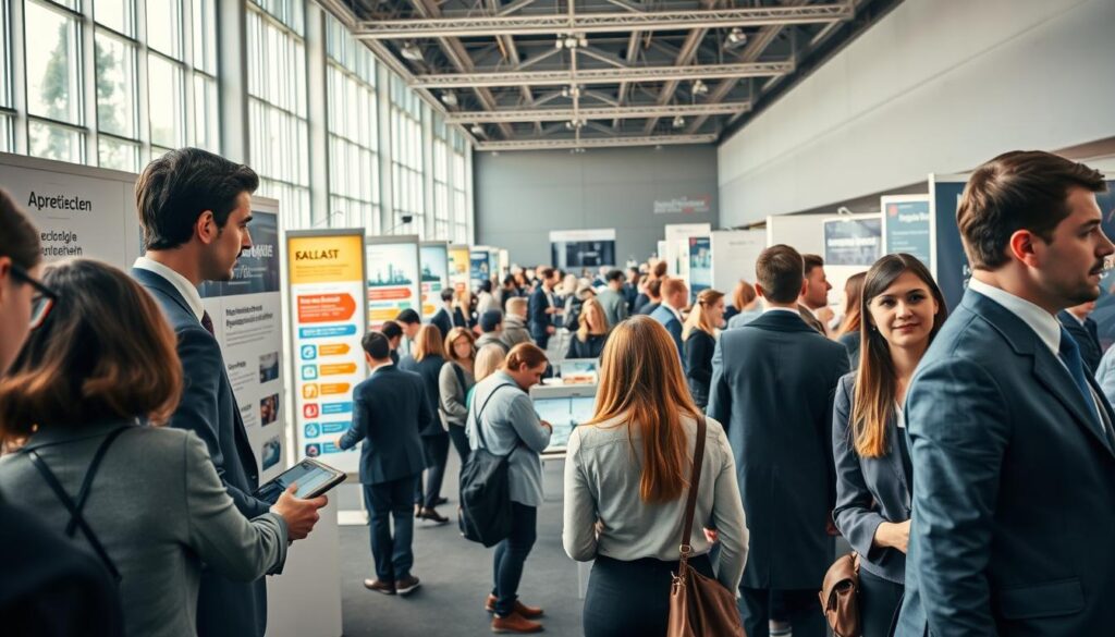 A vibrant educational exhibition showcasing the trends in the training market for 2023. In the foreground, a diverse group of young professionals, dressed in smart business attire, engage in discussions and networking. They are surrounded by informational booths displaying the top kaufmännische berufe in Deutschland, with eye-catching graphics highlighting career paths and skills. In the middle, a dynamic flow of people interacting, with some viewing interactive screens that present data and insights about apprenticeship trends. The background reveals a modern conference hall with large windows allowing natural light to flood in, enhancing the inviting atmosphere. Shot on a Sony A7R IV at 70mm, the image is sharply defined, focused, with a polarized filter enhancing the clarity and vibrancy, creating a motivational and professional mood. A vibrant educational exhibition showcasing the trends in the training market for 2023. In the foreground, a diverse group of young professionals, dressed in smart business attire, engage in discussions and networking. They are surrounded by informational booths displaying the top kaufmännische berufe in Deutschland, with eye-catching graphics highlighting career paths and skills. In the middle, a dynamic flow of people interacting, with some viewing interactive screens that present data and insights about apprenticeship trends. The background reveals a modern conference hall with large windows allowing natural light to flood in, enhancing the inviting atmosphere. Shot on a Sony A7R IV at 70mm, the image is sharply defined, focused, with a polarized filter enhancing the clarity and vibrancy, creating a motivational and professional mood.