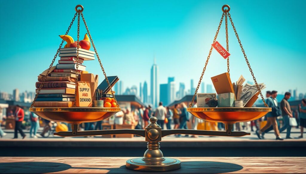 A vibrant illustration depicting the concept of supply and demand in economics. In the foreground, a balanced scale represents supply and demand, with various goods like fruits, books, and electronics symbolizing supply on one side, and eager consumers and money on the other side. In the middle, a lively marketplace with vendors and buyers interacting, showcasing the flow of goods. The background features a city skyline, symbolizing the broader economic environment, under a clear blue sky. Natural lighting enhances the scene, creating a dynamic atmosphere. The image is sharply focused with the details accentuated, captured using a Sony A7R IV at 70mm with a polarized filter for vivid colors and clarity. The mood is energetic, illustrating the vital connection between supply and demand in a bustling economy. A vibrant illustration depicting the concept of supply and demand in economics. In the foreground, a balanced scale represents supply and demand, with various goods like fruits, books, and electronics symbolizing supply on one side, and eager consumers and money on the other side. In the middle, a lively marketplace with vendors and buyers interacting, showcasing the flow of goods. The background features a city skyline, symbolizing the broader economic environment, under a clear blue sky. Natural lighting enhances the scene, creating a dynamic atmosphere. The image is sharply focused with the details accentuated, captured using a Sony A7R IV at 70mm with a polarized filter for vivid colors and clarity. The mood is energetic, illustrating the vital connection between supply and demand in a bustling economy.