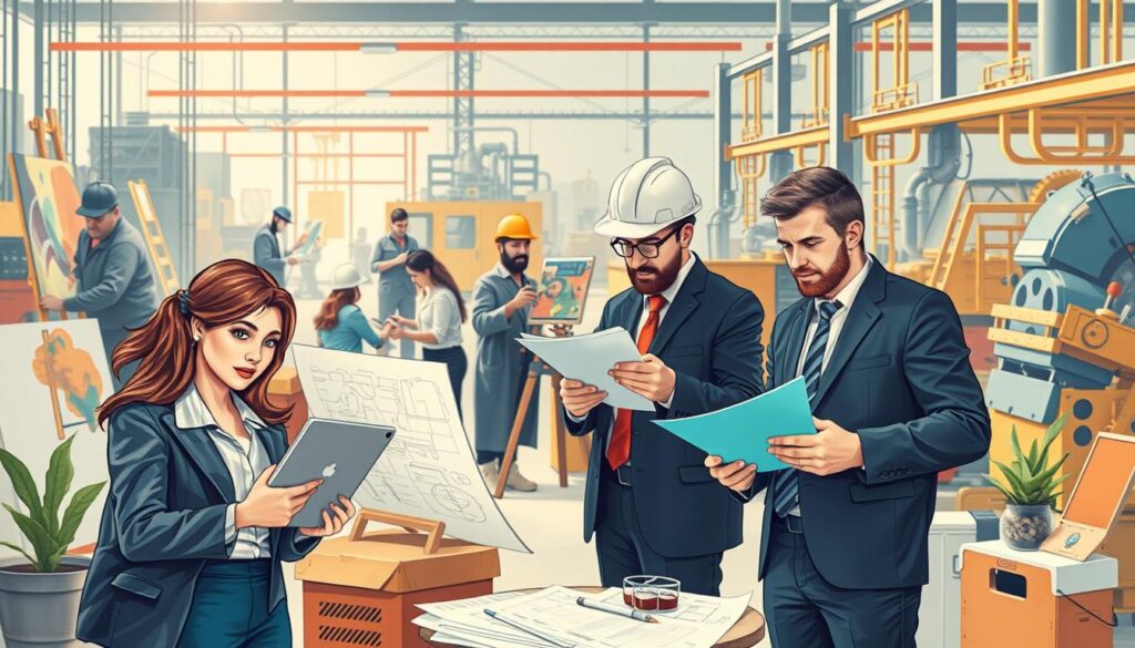 A vibrant illustration of various forms of work, showcasing a diverse range of professions. In the foreground, a group of professionals in smart business attire, including a woman in the tech field working on a laptop, a man in a suit discussing with colleagues, and a construction worker inspecting blueprints. The middle ground features a bustling office environment with people collaborating, along with an artist painting on a canvas. In the background, an industrial scene with factory workers and machines in action, highlighting the contrast between creative and manual labor. The image is lit with soft, natural light, creating a warm and inviting atmosphere. Shot on a Sony A7R IV at 70mm, ensuring clear focus and sharp definitions, utilizing a polarized filter for enhanced vibrancy and depth. A vibrant illustration of various forms of work, showcasing a diverse range of professions. In the foreground, a group of professionals in smart business attire, including a woman in the tech field working on a laptop, a man in a suit discussing with colleagues, and a construction worker inspecting blueprints. The middle ground features a bustling office environment with people collaborating, along with an artist painting on a canvas. In the background, an industrial scene with factory workers and machines in action, highlighting the contrast between creative and manual labor. The image is lit with soft, natural light, creating a warm and inviting atmosphere. Shot on a Sony A7R IV at 70mm, ensuring clear focus and sharp definitions, utilizing a polarized filter for enhanced vibrancy and depth.