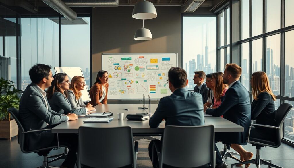 A vibrant office environment showcasing the benefits of continuous learning. In the foreground, a diverse group of professionals in business attire are engaged in a lively brainstorming session around a modern conference table, their expressions reflecting enthusiasm and collaboration. The middle ground features a large whiteboard filled with colorful diagrams and notes, symbolizing knowledge exchange and idea generation. In the background, floor-to-ceiling windows bathe the room in natural light, revealing a city skyline that represents growth and opportunity. The atmosphere is dynamic and inspiring, conveying a sense of innovation and teamwork. Shot on a Sony A7R IV with a 70mm lens, the image is clearly focused and sharply defined, enhanced by a polarized filter to enrich colors and depth. A vibrant office environment showcasing the benefits of continuous learning. In the foreground, a diverse group of professionals in business attire are engaged in a lively brainstorming session around a modern conference table, their expressions reflecting enthusiasm and collaboration. The middle ground features a large whiteboard filled with colorful diagrams and notes, symbolizing knowledge exchange and idea generation. In the background, floor-to-ceiling windows bathe the room in natural light, revealing a city skyline that represents growth and opportunity. The atmosphere is dynamic and inspiring, conveying a sense of innovation and teamwork. Shot on a Sony A7R IV with a 70mm lens, the image is clearly focused and sharply defined, enhanced by a polarized filter to enrich colors and depth.
