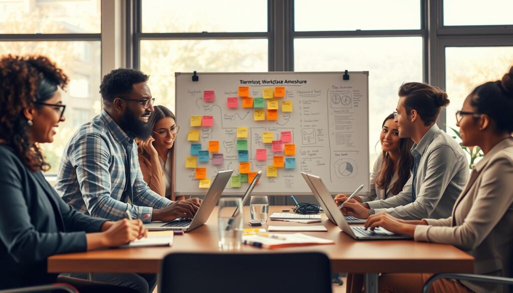 A vibrant office scene depicting a diverse group of professionals engaged in a collaborative discussion. In the foreground, a multi-ethnic team gathers around a table, actively brainstorming with laptops and notepads, all dressed in professional attire. In the middle ground, a large whiteboard is filled with colorful post-it notes and diagrams outlining strategies for improving workplace atmosphere. The background features large windows letting in warm, natural light, creating an inviting ambiance. The mood is positive and energetic, emphasizing teamwork and cooperation. Shot with a Sony A7R IV at 70mm, the image is clearly focused and sharply defined with a polarized filter, enhancing the overall clarity and vibrancy of colors.