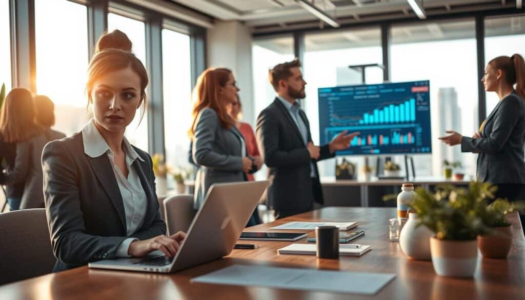 A vibrant office setting illuminated by soft, natural light from large windows, showcasing a group of diverse professionals engaged in dynamic discussions. In the foreground, a focused woman in smart business attire analyzes data on a sleek laptop, her expression one of concentration and insight. In the middle ground, a man gestures as he explains data trends on a digital screen, surrounded by charts and graphs, representing direct and indirect data usage. The background features modern office decor with a cityscape visible outside, symbolizing the connection between data and economic resources. Shot on Sony A7R IV at 70mm, with a clearly defined focus and a polarized filter enhancing colors, creating a professional and inspiring atmosphere.