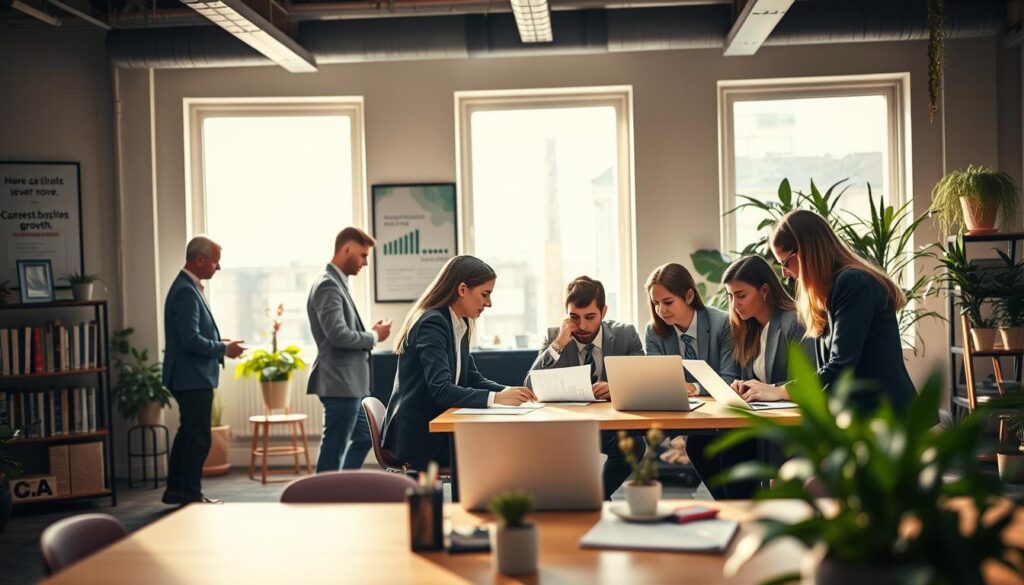A vibrant office setting illustrating the theme of vocational training in business professions in Germany. In the foreground, a diverse group of young professionals in smart business attire collaborate around a table, reviewing documents and laptops. The middle ground features a modern office space with motivational posters about career growth, shelves with books, and potted plants, creating an inviting atmosphere. The background presents large windows allowing natural light to flood the room, giving it a warm and productive feel. Shot with a Sony A7R IV at 70mm, the image is clearly focused and sharply defined, enhanced with a polarized filter to eliminate glare. The overall mood is inspiring and professional, embodying the importance of apprenticeship opportunities in business fields. A vibrant office setting illustrating the theme of vocational training in business professions in Germany. In the foreground, a diverse group of young professionals in smart business attire collaborate around a table, reviewing documents and laptops. The middle ground features a modern office space with motivational posters about career growth, shelves with books, and potted plants, creating an inviting atmosphere. The background presents large windows allowing natural light to flood the room, giving it a warm and productive feel. Shot with a Sony A7R IV at 70mm, the image is clearly focused and sharply defined, enhanced with a polarized filter to eliminate glare. The overall mood is inspiring and professional, embodying the importance of apprenticeship opportunities in business fields.