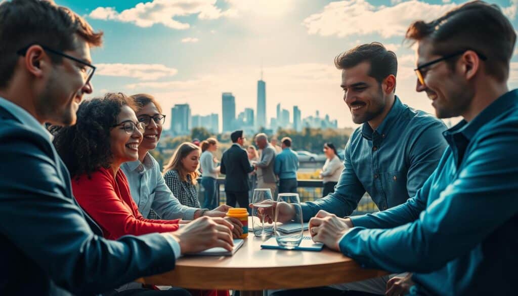 A vibrant scene capturing the dynamic interactions between Non-Profit Organizations (NPOs) and civil society. In the foreground, a diverse group of professionals in business attire collaborate around a round table, discussing ideas with enthusiasm. Their faces express determination and hope. The middle layer features a community gathering, where people of various ages engage in activities such as volunteering, sharing resources, and exchanging ideas—illustrating cooperation and support. The background shows a city skyline, symbolizing the balance between market and state, under a bright blue sky with soft, diffused sunlight that imbues a sense of optimism and unity. Shot on a Sony A7R IV at 70mm, the image is sharply defined with a polarized filter, rendering clear details and vibrant colors, creating an inspiring, professional atmosphere.