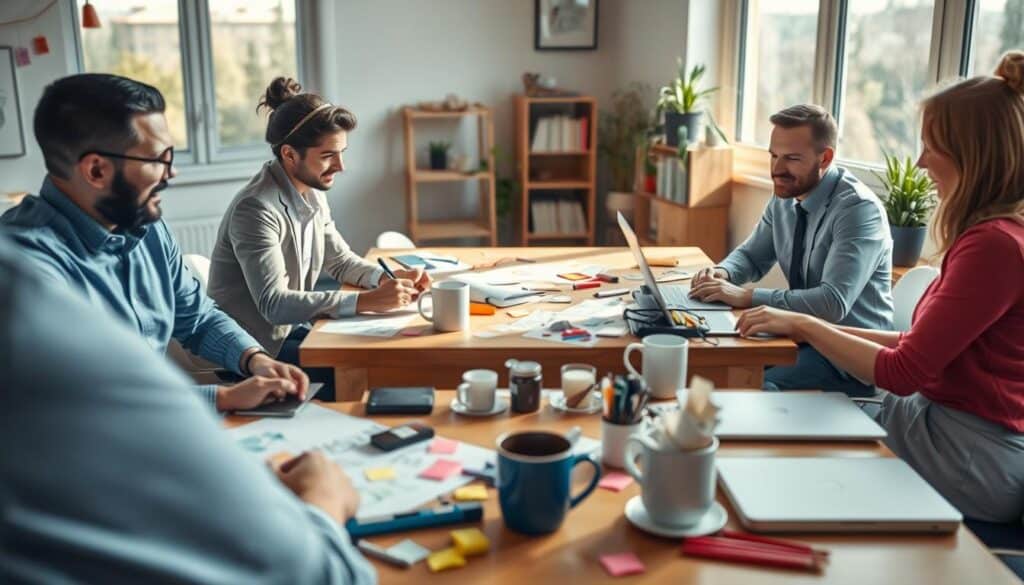A vibrant scene depicting "Kreativität im Alltag" in a modern workspace. In the foreground, a diverse group of three individuals, dressed in professional business attire, are engaged in a creative brainstorming session, surrounded by colorful sketches and post-it notes. In the middle ground, a large wooden table filled with art supplies, laptops, and coffee mugs sets an inviting atmosphere. The background features a bright window with natural light flooding the room, casting playful shadows. The overall mood is energetic and inspiring, encouraging collaboration and innovative thinking. The image should be shot on a Sony A7R IV with a 70mm lens, clearly focused and sharply defined, using a polarized filter to enhance colors and contrast.