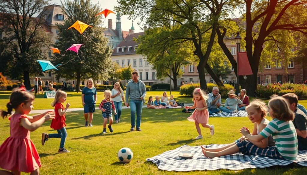 A vibrant scene depicting a joyful family outing in Osnabrück, showcasing a variety of activities with children. In the foreground, a group of excited children play in a lush park, flying colorful kites and kicking a soccer ball, while parents watch closely, smiling and engaging with them. In the middle ground, a picturesque picnic area features families enjoying snacks on checkered blankets under the shade of friendly trees. The background captures Osnabrück's charming architecture, with historical buildings and blooming flowers. The lighting is warm and inviting, emulating a bright sunny day. The image is shot with a Sony A7R IV at 70mm, clearly focused and sharply defined, enhanced with a polarized filter to enrich colors and contrast, creating an uplifting and cheerful atmosphere.