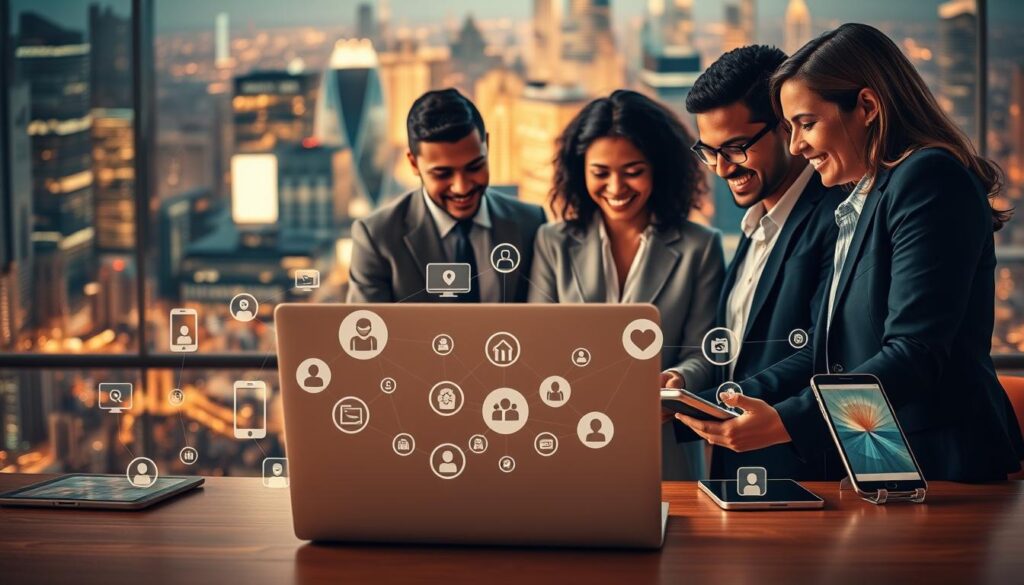 A vibrant scene illustrating digital platforms for community support in the modern era. In the foreground, a diverse group of three individuals, dressed in professional business attire, engages around a sleek laptop, showcasing an app interface that connects volunteers with those in need. The middle layer features various digital devices like tablets and smartphones displaying community resource icons and connected webs of activity. In the background, an abstract representation of a bustling cityscape, symbolizing interconnectedness through technology. The scene is illuminated with warm, inviting lighting, creating an optimistic and encouraging atmosphere. Shot on a Sony A7R IV at 70mm, providing a sharp focus and clarity, complemented by a polarized filter for enhanced vibrancy.