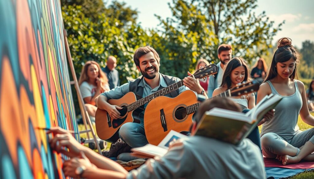 A vibrant scene illustrating intrinsic motivation, featuring a diverse group of people engaged in various activities that inspire personal fulfillment. In the foreground, a young woman engrossed in painting a colorful mural, expressing creativity and passion. In the middle ground, a man joyfully playing the guitar, surrounded by nature, symbolizing artistic expression. Others can be seen reading books and practicing yoga, all exuding a sense of calm and contentment. The background includes lush greenery and a bright blue sky, suggesting a serene atmosphere. The soft morning light bathes the scene, enhancing the colors and creating a warm, inviting mood. Captured with a Sony A7R IV at 70mm, the focus is sharp and well-defined, showcasing details in the individuals' expressions and the environment, complemented by a polarized filter for clarity. A vibrant scene illustrating intrinsic motivation, featuring a diverse group of people engaged in various activities that inspire personal fulfillment. In the foreground, a young woman engrossed in painting a colorful mural, expressing creativity and passion. In the middle ground, a man joyfully playing the guitar, surrounded by nature, symbolizing artistic expression. Others can be seen reading books and practicing yoga, all exuding a sense of calm and contentment. The background includes lush greenery and a bright blue sky, suggesting a serene atmosphere. The soft morning light bathes the scene, enhancing the colors and creating a warm, inviting mood. Captured with a Sony A7R IV at 70mm, the focus is sharp and well-defined, showcasing details in the individuals' expressions and the environment, complemented by a polarized filter for clarity.