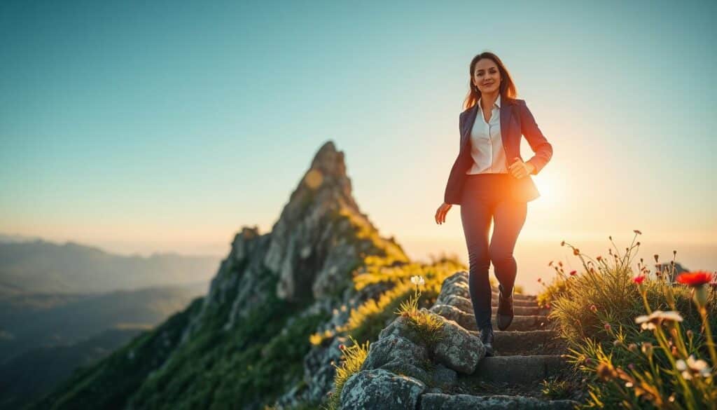 A vibrant scene illustrating the benefits of personal growth through stepping out of one’s comfort zone. In the foreground, a professional woman dressed in smart casual attire is confidently climbing a steep, rugged mountain path, symbolizing a journey of self-discovery and challenge. In the middle ground, lush greenery and wildflowers indicate blossoming potential, while a bright sunrise in the background suggests new beginnings and opportunities. The composition is sharp and clear, shot with a Sony A7R IV at 70mm, using a polarized filter to enhance colors and contrast. The lighting is warm and inviting, creating a motivational, uplifting atmosphere that embodies resilience and courage.