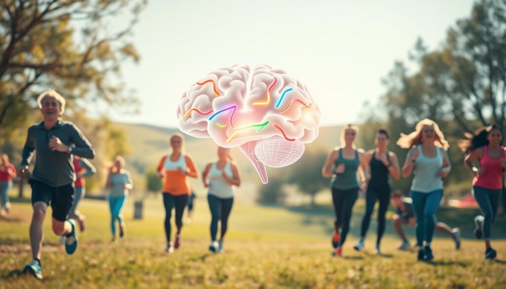 A vibrant scene illustrating the connection between physical movement and brain development. In the foreground, a diverse group of adults engaging in various forms of physical activity, such as jogging, yoga, and team sports, all dressed in professional athletic attire, embodying determination and joy. In the middle ground, a large, semi-transparent brain graphic overlaid with colorful neural pathways glows gently, symbolizing cognitive growth. The background features a sun-drenched park landscape with soft, rolling hills and trees swaying in the breeze, creating an inviting atmosphere. The image captures a sense of energy and vitality, enhanced by soft, natural lighting with a warm tone. Shot on a Sony A7R IV at 70mm, the focus is crisp and clear, emphasizing the harmonious relationship between physical activity and cognitive function. A vibrant scene illustrating the connection between physical movement and brain development. In the foreground, a diverse group of adults engaging in various forms of physical activity, such as jogging, yoga, and team sports, all dressed in professional athletic attire, embodying determination and joy. In the middle ground, a large, semi-transparent brain graphic overlaid with colorful neural pathways glows gently, symbolizing cognitive growth. The background features a sun-drenched park landscape with soft, rolling hills and trees swaying in the breeze, creating an inviting atmosphere. The image captures a sense of energy and vitality, enhanced by soft, natural lighting with a warm tone. Shot on a Sony A7R IV at 70mm, the focus is crisp and clear, emphasizing the harmonious relationship between physical activity and cognitive function.