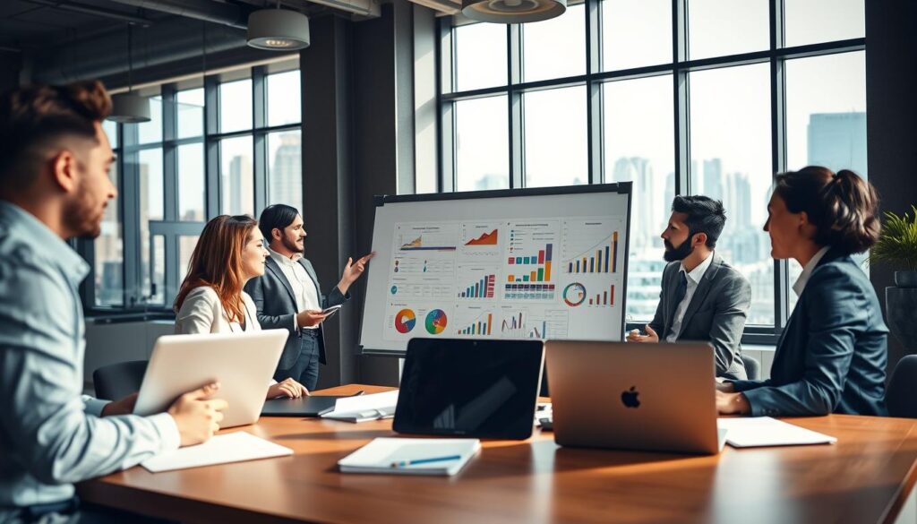 A vibrant scene in a modern office setting depicting effective project management. In the foreground, a diverse group of three professionals, dressed in smart business attire, engage in a dynamic discussion around a large table, with laptops and documents spread out. The middle ground features a whiteboard filled with colorful charts and graphs, symbolizing increased project capabilities. In the background, large windows let in natural light, showcasing a city skyline, suggesting a bustling environment. The lighting is bright and professional, creating an atmosphere of collaboration and energy. The image is captured with a Sony A7R IV at 70mm, ensuring a clear, sharply defined focus with a polarized filter, enhancing colors and depth. The overall mood conveys motivation and strategic action in project management. A vibrant scene in a modern office setting depicting effective project management. In the foreground, a diverse group of three professionals, dressed in smart business attire, engage in a dynamic discussion around a large table, with laptops and documents spread out. The middle ground features a whiteboard filled with colorful charts and graphs, symbolizing increased project capabilities. In the background, large windows let in natural light, showcasing a city skyline, suggesting a bustling environment. The lighting is bright and professional, creating an atmosphere of collaboration and energy. The image is captured with a Sony A7R IV at 70mm, ensuring a clear, sharply defined focus with a polarized filter, enhancing colors and depth. The overall mood conveys motivation and strategic action in project management.