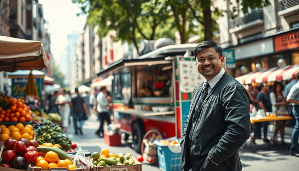 A vibrant street scene depicting various forms of ambulant sales. In the foreground, a cheerful vendor stands behind a colorful market stall filled with fresh fruits and vegetables, showcasing a friendly interaction with a customer in professional attire. The middle ground features a mobile food truck, with a chef preparing dishes and a group of people enjoying their meals at nearby tables. In the background, a bustling urban environment with shoppers browsing various outdoor stalls, creating a lively atmosphere. The scene is captured using a Sony A7R IV at 70mm, ensuring clear focus and sharp definitions. The lighting is bright and natural, enhanced by a polarized filter, adding vibrancy to the colors and creating a cheerful, dynamic mood.