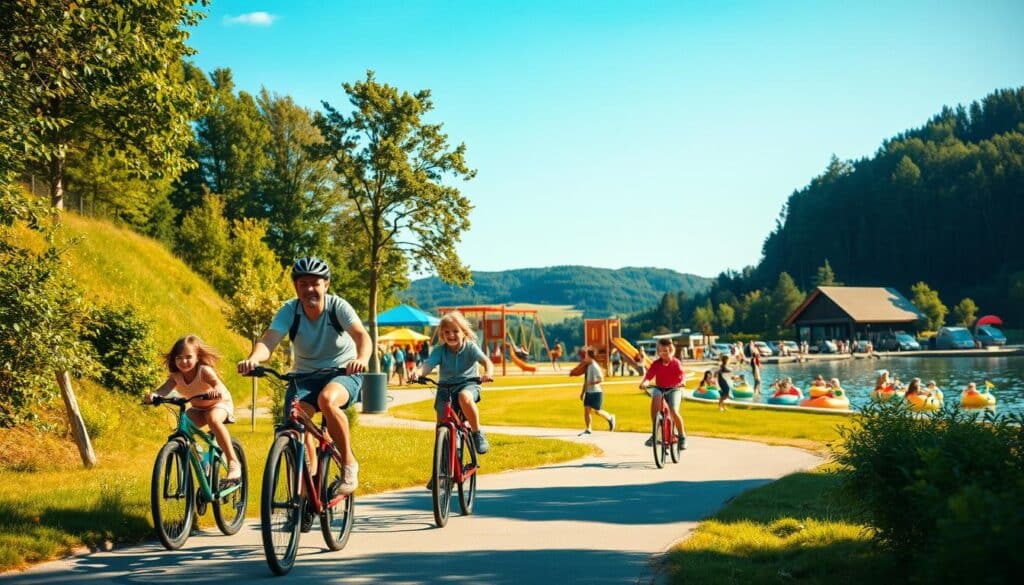A vibrant summer scene in Ferienpark Alfsee, showcasing a family enjoying various recreational activities. In the foreground, a cheerful family, consisting of parents and two children, happily riding bicycles along a scenic path lined with lush greenery. In the middle ground, a lively playground with children playing on swings, slides, and climbing structures under a clear blue sky. Nearby, groups of friends engage in fun water sports at the Alfsee lake, where colorful pedal boats float. In the background, rolling hills and forested areas provide a serene backdrop, bathed in warm, golden sunlight. The atmosphere is festive and joyful, capturing the essence of family leisure. Shot on a Sony A7R IV, 70mm lens, clearly focused, with a polarized filter enhancing the colors and contrasts.