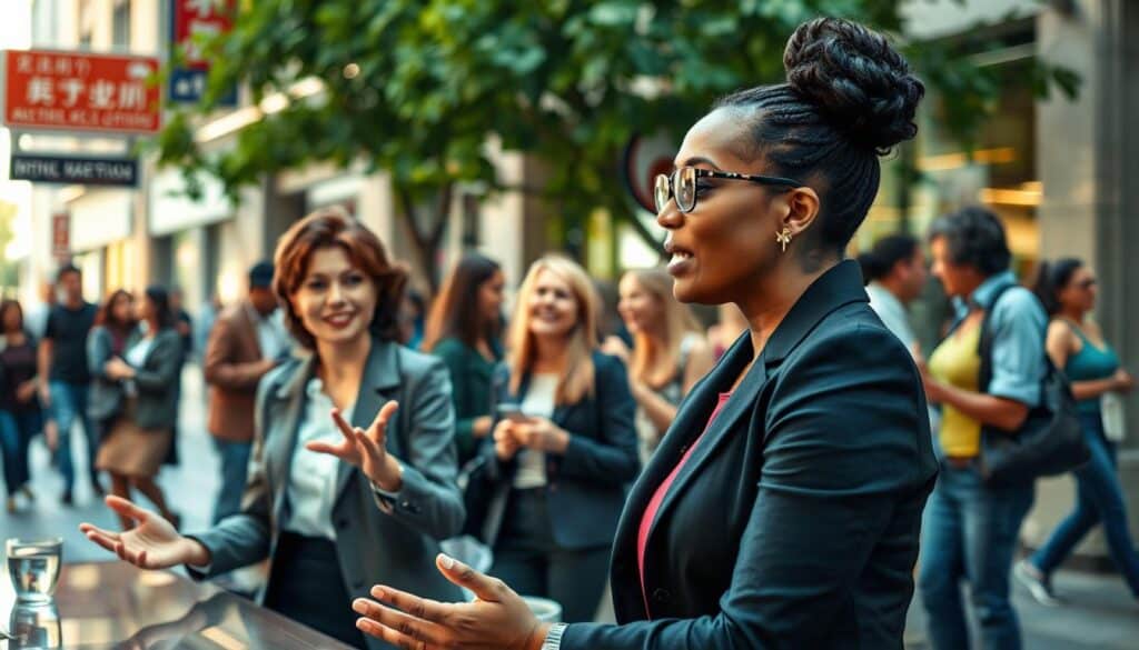 A vibrant urban setting showcasing diverse individuals engaged in daily interactions, emphasizing their body language. In the foreground, a businesswoman confidently presenting her ideas in a meeting with clear gestures, while a colleague listens attentively, reflecting understanding. In the middle ground, a group of friends laughing and sharing a moment, their postures conveying warmth and approachability. In the background, passersby engaged in conversations, subtly showcasing varying emotions and expressions. Captured with a Sony A7R IV at 70mm, the scene is clearly focused with sharply defined details and a polarized filter enhancing colors. The lighting is natural, creating a warm, inviting atmosphere that illustrates the importance and utility of body language in everyday life.