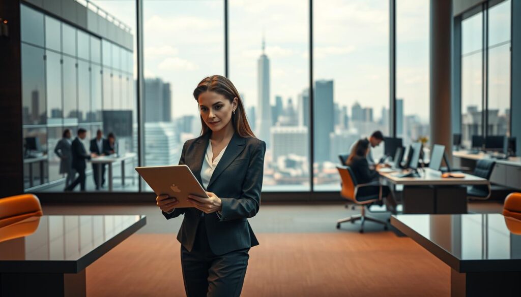 A visually compelling comparison of institutional banks and commercial banks. In the foreground, a professional businesswoman in a tailored suit stands confidently at a sleek conference table, reviewing documents with a laptop open. The middle features two distinct settings, one side showcasing a modern, glass-walled institutional bank with employees engaged in strategy discussions. The other side presents a bustling commercial bank environment, with bankers assisting customers at desks. The background displays a city skyline through large windows, symbolizing financial power. Warm, diffused lighting creates an inviting atmosphere, highlighting professionalism. Shot with a Sony A7R IV at 70mm, the image is sharply defined with a polarized filter for clarity and depth, conveying a balanced perspective between the two banking sectors.
