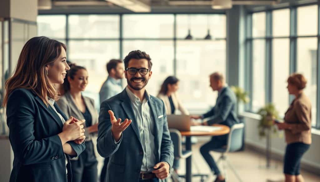 A visually compelling illustration of "Types of Communication," featuring a diverse group of professionals engaged in various forms of communication. In the foreground, a confident woman in business attire is actively listening to a colleague, while a man gestures expressively, showcasing verbal communication. In the middle ground, a small team collaborates around a table filled with laptops and papers, demonstrating non-verbal cues and teamwork. In the background, a well-lit office environment is depicted with large windows allowing natural light to filter in, creating a warm atmosphere. The scene is shot with a Sony A7R IV at 70mm, clearly focused and sharply defined, using a polarized filter to enhance colors and reduce glare. The mood is dynamic and cooperative, reflecting effective communication in action.