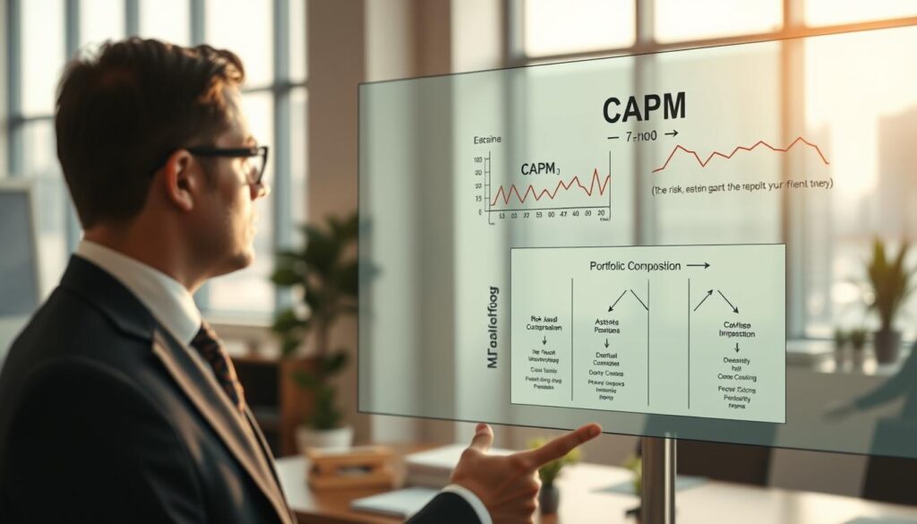 A visually engaging and informative scene depicting the Capital Asset Pricing Model (CAPM) and Portfolio Theory. In the foreground, a professional businessperson in formal attire analyzes a digital display with financial graphs and charts illustrating the CAPM formula, showcasing trends and risk-return trade-offs. In the middle ground, an illustrated portfolio composition diagram is visible, featuring various asset classes, with arrows indicating diversification effects. The background includes a modern office setting with large windows allowing soft, natural light to illuminate the space, enhancing the clarity of the visual elements. Shot on a Sony A7R IV at 70mm, with a sharply defined focus and a polarized filter for vibrant color and contrast, conveying a mood of professionalism and insight into finance.