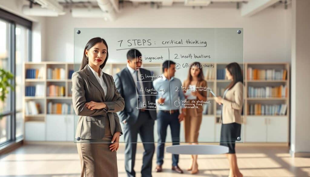 A visually engaging illustration of "7 Steps Critical Thinking," featuring a professional and diverse group of individuals in a well-lit modern office setting. In the foreground, a confident woman in business attire stands beside a large, transparent whiteboard with seven clearly defined steps drawn in an organized layout. In the middle ground, two colleagues, a man and a woman, are brainstorming ideas while looking intently at the whiteboard, showcasing collaboration and engagement. The background includes shelves with books on critical thinking and innovation, creating an intellectual atmosphere. The scene is captured with a Sony A7R IV at 70mm, using a polarized filter for vibrant colors and sharp details, all while ensuring a bright, motivating environment that inspires critical thinking.