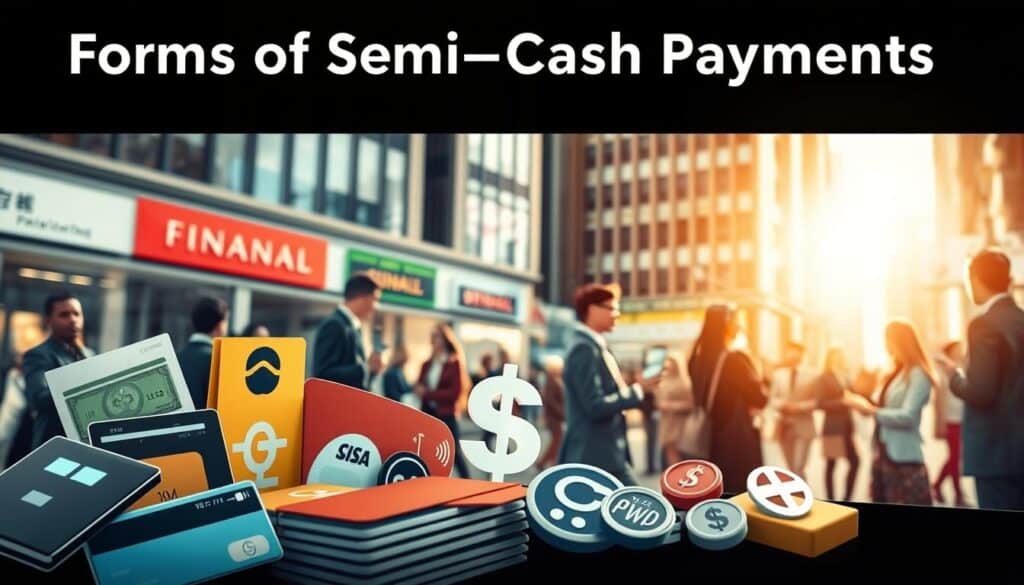 A visually engaging illustration of "Forms of Semi-Cash Payments," depicting various payment methods and their symbols. In the foreground, a range of semi-cash payment options, including digital wallets, contactless credit cards, and mobile payment apps, are artistically arranged. The middle ground showcases a busy urban setting with diverse people in professional attire, engaging in transactions using these payment methods. The background features financial buildings and shops bathed in soft, natural light. The lens should capture the scene with a 70mm focal length, ensuring a clear focus on the subjects while slightly blurring the background. The overall atmosphere is dynamic yet professional, reflecting the evolving landscape of payment methods in contemporary transactions.