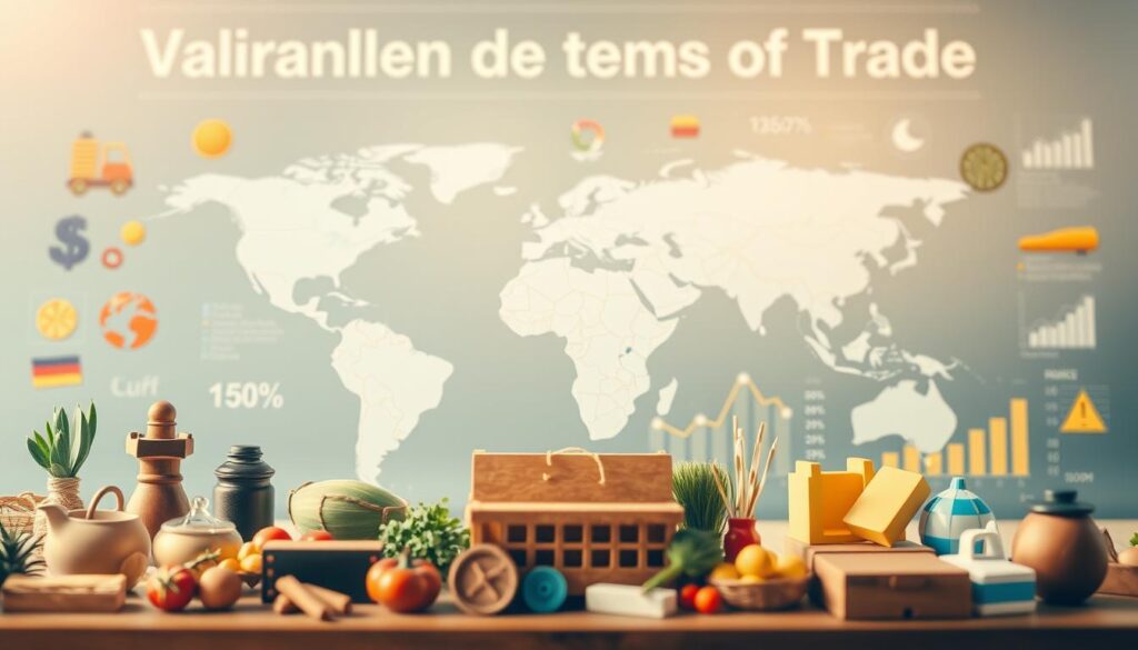 A visually engaging illustration showing "Varianten der Terms of Trade," featuring a detailed infographic-style design. In the foreground, display various trade items such as agricultural products, manufactured goods, and raw materials, each represented by realistic, vibrant icons. In the middle, include a world map highlighting different countries with arrows indicating trade flows, emphasizing the exchange of goods and services. The background should have a soft gradient representing economic growth, with subtle graphs demonstrating trends in trade. The lighting is bright and focused, akin to a shot on a Sony A7R IV at 70mm with a polarized filter, ensuring sharpness and clarity. The overall mood is informative and professional, ideal for an academic context.