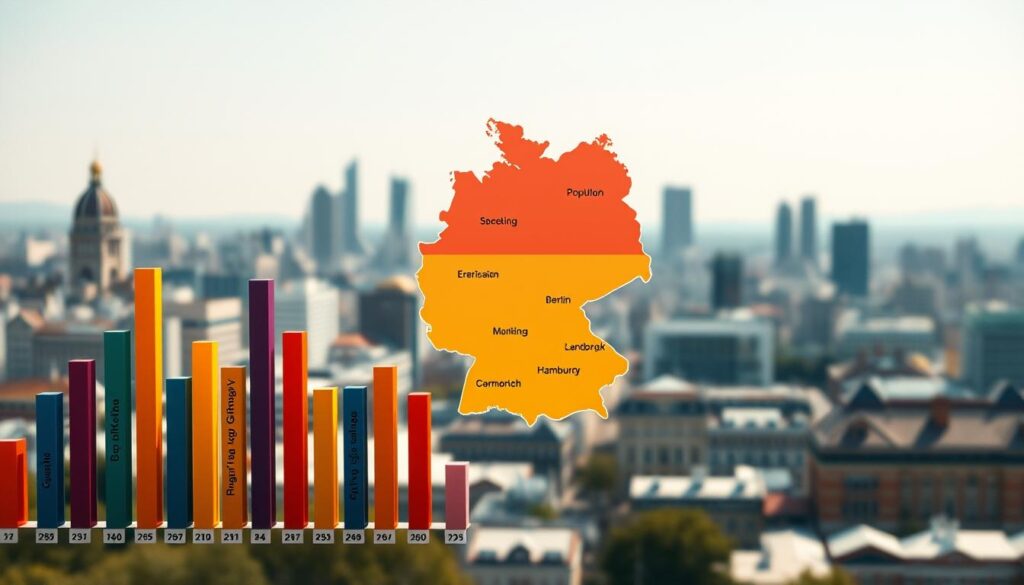A visually engaging infographic-style image depicting population statistics of cities in Germany, focusing on significant urban centers. In the foreground, include colorful, bar graphs representing varying population sizes, labeled with city names and population figures. The middle layer should feature a stylized outline map of Germany highlighting these cities, with a gradient color scheme to represent population density. In the background, a soft-focus skyline of urban architecture typical of German cities, such as Berlin, Munich, and Hamburg, under a bright, clear sky. Capture the scene with soft, natural lighting that enhances the colors, shot on a Sony A7R IV at 70mm. The mood should convey clarity and professionalism, creating a sense of informative engagement.